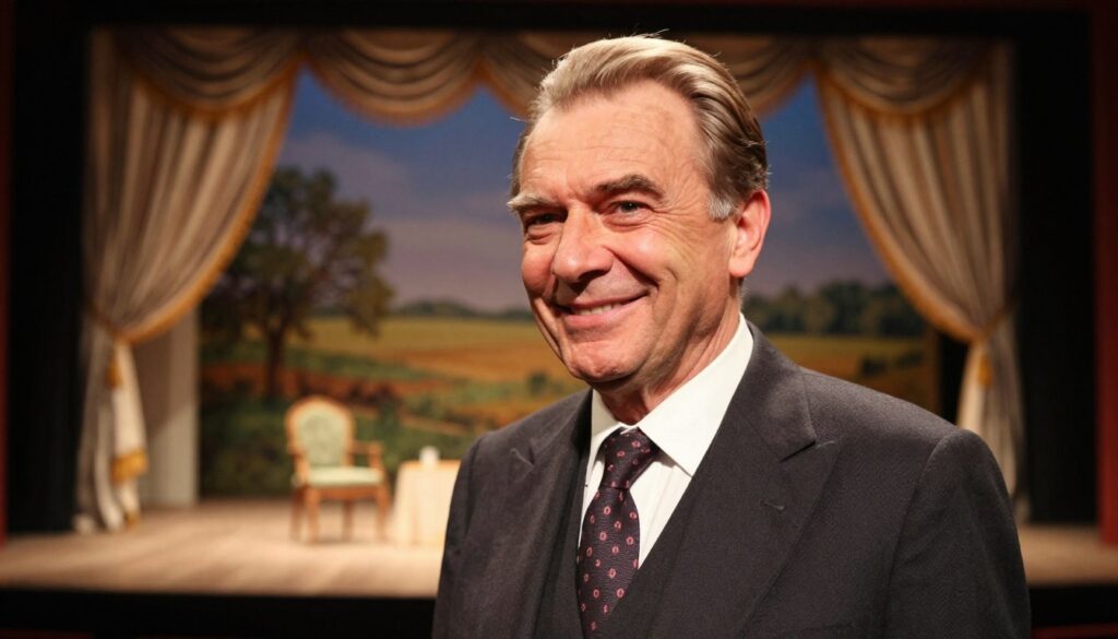 Create a portrait of Janusz Rewiński, the Polish actor and satirist, embodying his charismatic personality. In the foreground, depict him wearing a smart business suit, with a friendly smile that conveys warmth and humor. The middle ground should feature a set reminiscent of a classic Polish theater, with elegant drapery and warm lighting that highlights his presence. In the background, include subtle hints of nature, such as trees or fields, symbolizing his choice to live away from the bustling city. Use soft, diffused lighting to evoke a nostalgic and reflective atmosphere. Capture the image at a slight angle to give depth, ensuring the vibrant colors enhance the overall mood without overwhelming the scene. Create a portrait of Janusz Rewiński, the Polish actor and satirist, embodying his charismatic personality. In the foreground, depict him wearing a smart business suit, with a friendly smile that conveys warmth and humor. The middle ground should feature a set reminiscent of a classic Polish theater, with elegant drapery and warm lighting that highlights his presence. In the background, include subtle hints of nature, such as trees or fields, symbolizing his choice to live away from the bustling city. Use soft, diffused lighting to evoke a nostalgic and reflective atmosphere. Capture the image at a slight angle to give depth, ensuring the vibrant colors enhance the overall mood without overwhelming the scene.