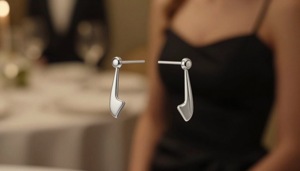 Elegant minimalist stud earrings displayed prominently in the foreground, showcasing a sleek and modern design made from polished silver with subtle geometric shapes. The background features softly blurred elements of a chic, dimly lit setting, hinting at a stylish evening event. Warm golden lighting casts a gentle glow, highlighting the earrings' features and creating a sophisticated atmosphere. The overall mood is one of elegance and refinement, perfect for pairing with a black dress for a wedding or upscale dinner. The focus is crisp on the earrings, with a shallow depth of field to enhance their allure, inviting viewers to appreciate the beauty of minimalist jewelry.