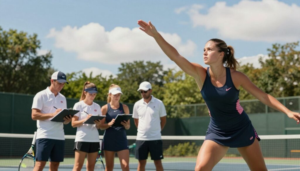 Magda Linette, a female tennis player in sportswear, engaged in an intense training session on a bright outdoor court surrounded by lush greenery. In the foreground, she is shown in a dynamic action pose, executing a powerful serve, with sweat glistening on her brow, reflecting her dedication. The middle ground features her coaching team, consisting of three professionals analyzing her form, taking notes on a clipboard. The background showcases a clear blue sky with a few fluffy clouds, creating a vibrant and energetic atmosphere. Soft sunlight casts warm tones across the scene, enhancing the feeling of focus and determination. The image should capture the essence of hard work and the supportive teamwork that is crucial to her preparation for upcoming tournaments.