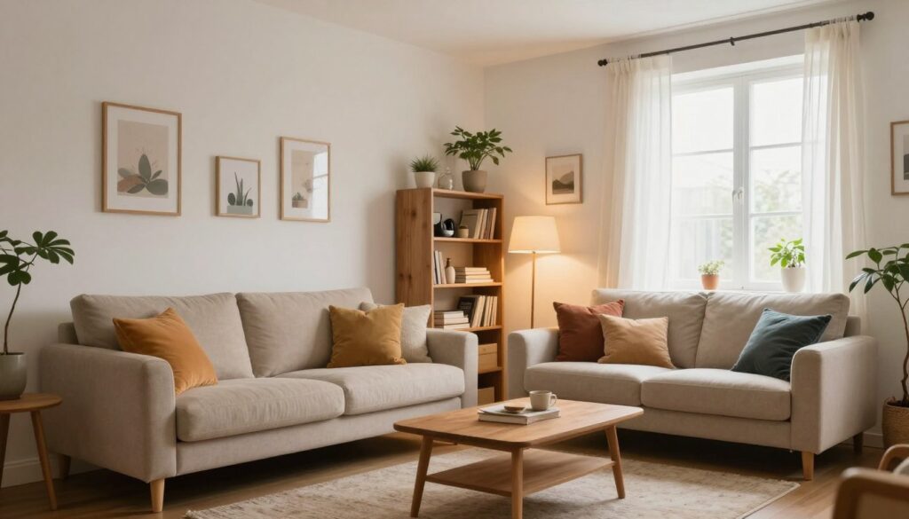 a cozy living room with white walls, elegantly furnished to illustrate warmth and character. In the foreground, a plush beige sofa adorned with colorful throw pillows creates an inviting atmosphere. A soft area rug lies beneath a small wooden coffee table, enhancing the space's comfort. In the middle ground, a stylish bookshelf filled with decorative items and books adds personality. A potted plant in the corner brings a touch of greenery, while warm, ambient lighting casts a soothing glow throughout the room. The background showcases a large window draped with light sheer curtains, allowing natural light to fill the space. The overall mood is serene, homely, and inviting, perfect for showcasing how to accessorize white walls to create a warm interior. a cozy living room with white walls, elegantly furnished to illustrate warmth and character. In the foreground, a plush beige sofa adorned with colorful throw pillows creates an inviting atmosphere. A soft area rug lies beneath a small wooden coffee table, enhancing the space's comfort. In the middle ground, a stylish bookshelf filled with decorative items and books adds personality. A potted plant in the corner brings a touch of greenery, while warm, ambient lighting casts a soothing glow throughout the room. The background showcases a large window draped with light sheer curtains, allowing natural light to fill the space. The overall mood is serene, homely, and inviting, perfect for showcasing how to accessorize white walls to create a warm interior.